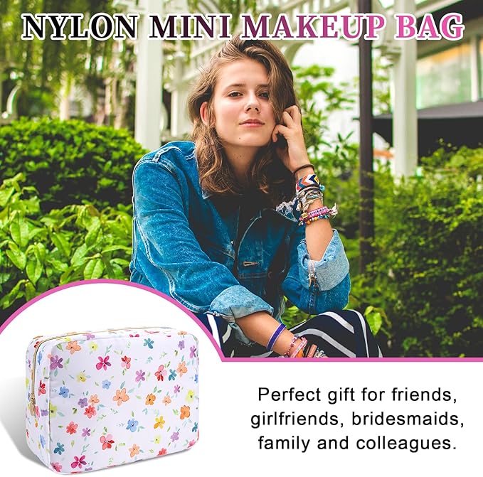 Waterproof Nylon Large Makeup Bag Travel Pouch, Floral Preppy Big Cosmetic Bag Make Up Organizer Toiletry Bag with Zipper, Large Capacity Cute Zipper Pouch Storage Bag for Women Girls(Fringed Iris)