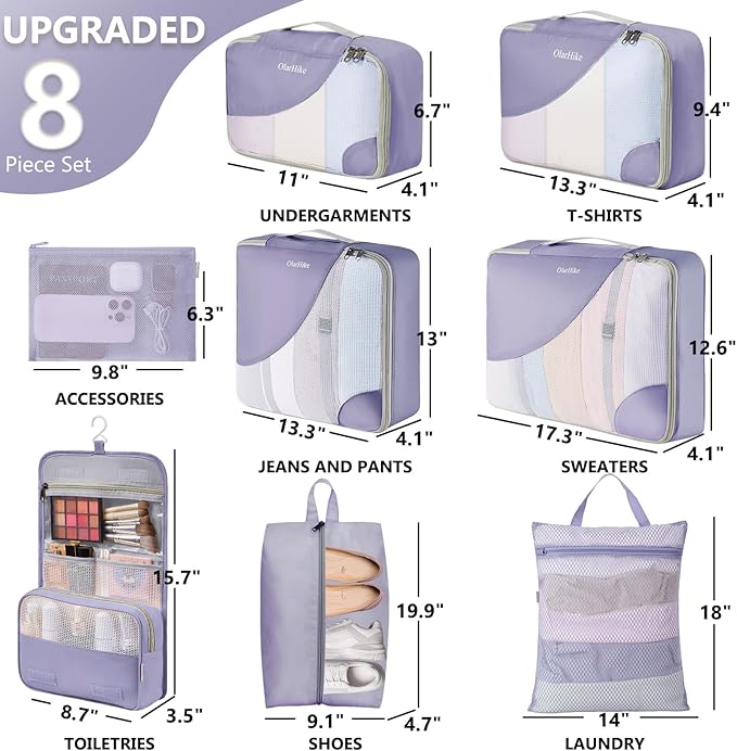 8 Set Packing Cubes for Travel, Gifts for Women & Moms, Anti-Tearing Suitcase Organizer, OlarHike Vacation Essentials & Accessories for Cruise Ships