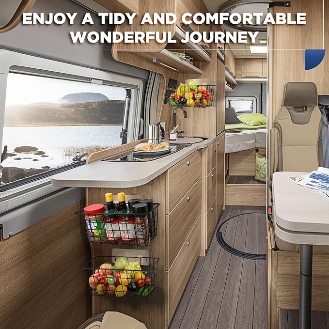 2 Pack Hanging Wall Basket Wire Storage Baskets, Adhesive Basket for Cabinet Door Organizer No Drilling, Hanging Fruit Baskets for Kitchen, Pantry Organization, Bathroom, Black