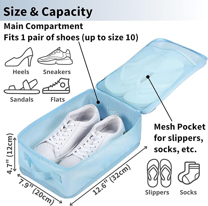 tianzong 2 Pack Plaid Travel Shoe Bag with Carry Handle & Mesh Pocket - Shoe Organizer for Sneakers, Heels, Sandals, Gym, Laundry (Blue)