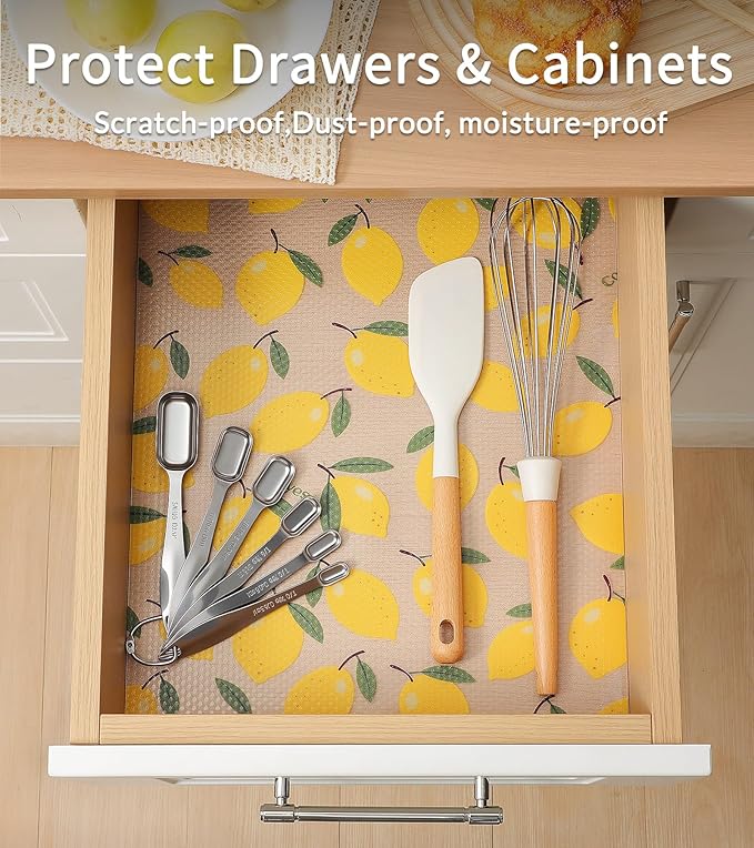 Cooyes Shelf Liner, Non-Adhesive Cabinet Liners for Kitchen Drawers, Shelves, Refrigerator, Pantry Storage, Bathroom Closet, Fridge, Durable Waterproof EVA Mats(17.5" W x 197" L, Yellow Lemon)