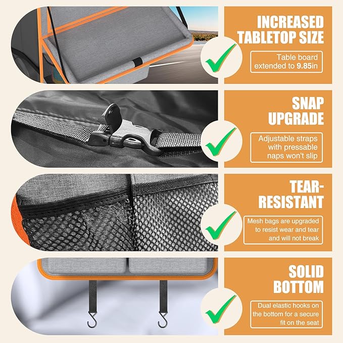 Car Backseat Organizer with Tablet Holder, 11 Storage Pockets with Foldable Food Tray, Protector Kick Mats for Kids, Travel Accessories Organizer (Orange, 2-Pack with Food Tray)