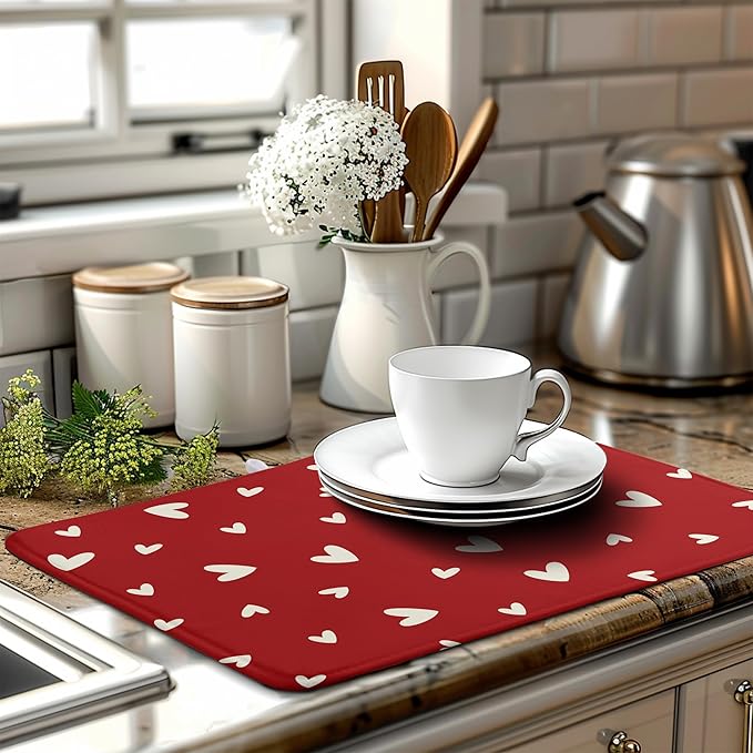 Valentine's Day Love Heart Dish Drying Mat for Kitchen Counter 18x24 Inch Valentine Theme Dish Mats Absorbent Microfiber Dish Draining Mat Reusable Washable Dish Drainer Rack Pad