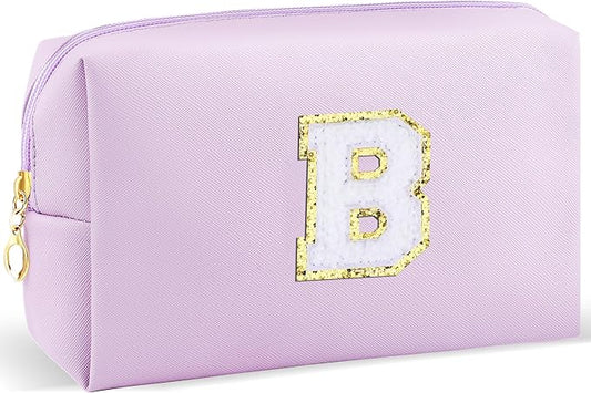 Gifts for Girls Initial Makeup Bag Personalized Cosmetic Bag with Zipper Cute Travel Toiletry Bag Waterproof PU Preppy Makeup Pouch Birthday Gift for Teen Girls Women(Purple B)