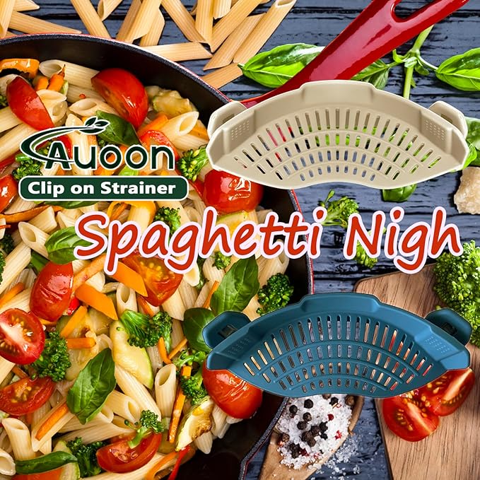 AUOON Clip on Strainer - Silicone Pasta Strainer for Pots Pans and Bowls | Space-Saving Kitchen Essentials for Cooking and Draining | Dishwasher Safe (MilkShake)