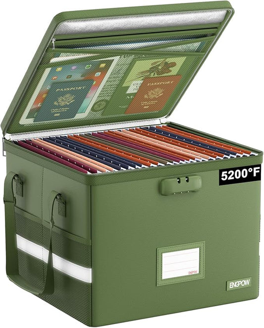 ENGPOW 5200°F File Box Fireproof Document Box with Lock, Heat Insulated Collapsible File Storage Organizer Box with Handle, Portable Home Office File Cabinet for Hanging Letter/Legal Size Folder, Green
