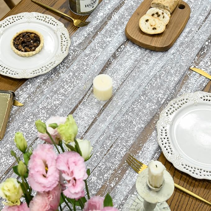 Horaldaily White Silver Gauze Tablecloth 60x84 Inch Rectangular, Silver Sequin Glitter Metallic Foil, Sheer Tulle Cheesecloth for Wedding Baby Shower Ceremony Birthday