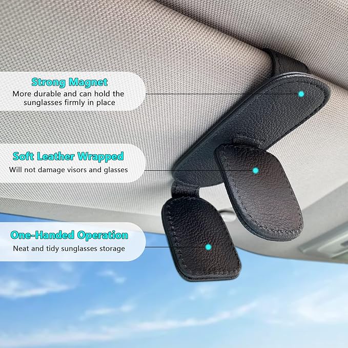 Visonx 2 Pieces Sunglass Holder for Car Visor Clip, Magnetic Leather Eyeglass Hanger Clip for Car, Square Car Visor Accessories (Black)