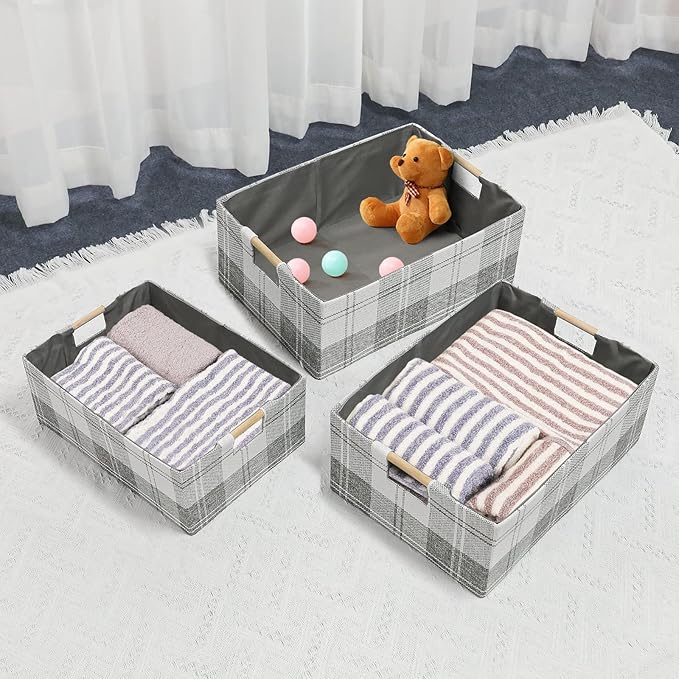 Fabric Storage Bin Box Collapsible Cotton Linen Storage Cube with Wooden Handles Rectangular Decorative Home Organizer Clothes Blanket Basket– Light Gray Plaid, Small