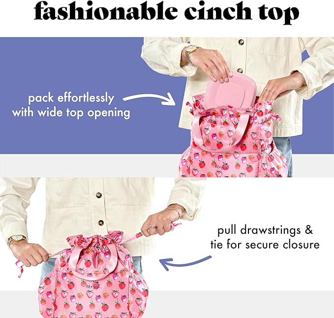 Fit & Fresh Cromwell Drawstring Lunch Bag for Women, Complete Lunch Set with 2 Containers, Stain-Resistant, Leak-Resistant, Back to School Essential, Teacher Lunchbox, Pink Strawberries