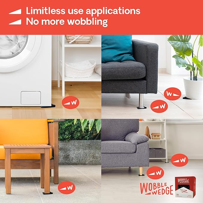 Wobble Wedges Flexible Plastic Shims, 30 Pack - Made in USA - Multi-Purpose Shim Wedges for Home Improvement & Work - Plastic Wedge, Table Shims for Leveling, Toilet & Furniture Levelers - Black