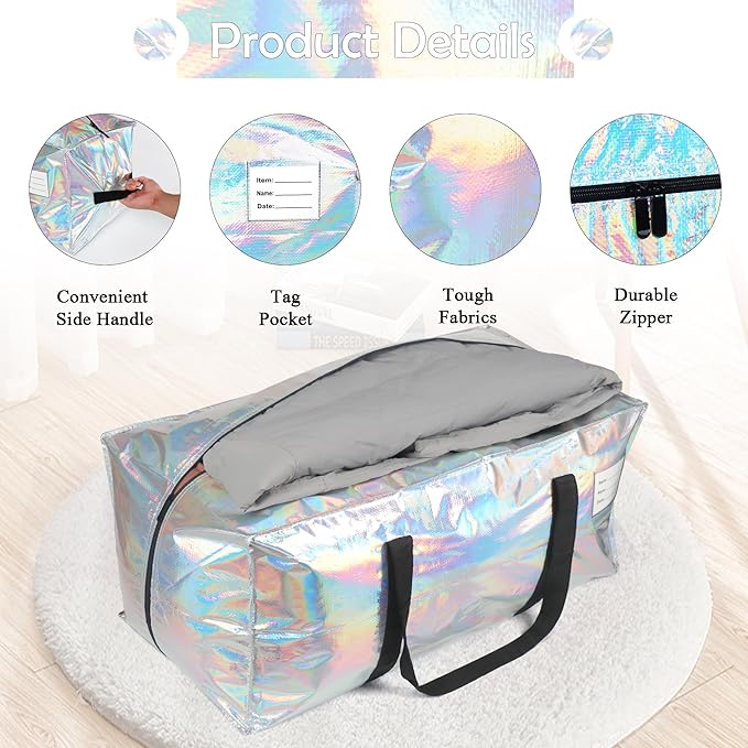 8 Pack Heavy Duty Moving Bags 24-Gallon Extra Large Waterproof Foldable Clothing Storage Totes Bags with Zipper,Reinforced Handles,Packing Moving Boxes for Dorm & Seasonal Storage,Iridescent