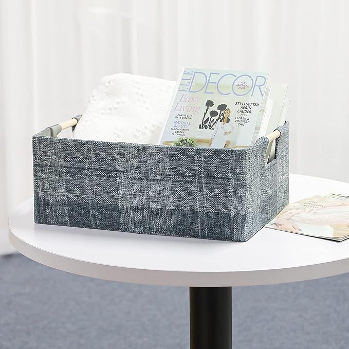 Fabric Storage Bin Box Collapsible Cotton Linen Storage Cube with Wooden Handles Rectangular Decorative Home Organizer Clothes Blanket Basket– Dark Gray Plaid, Small
