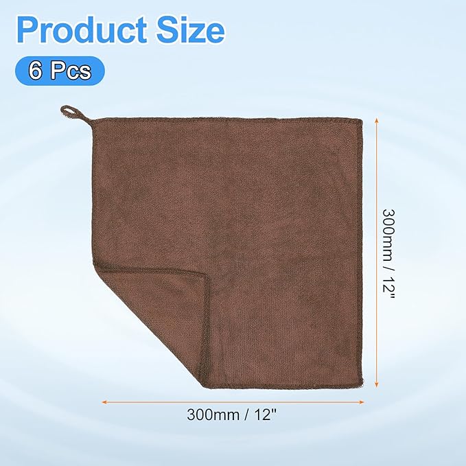 HARFINGTON 6 Pack Microfiber Cleaning Cloth, 12" x 12" Multi-Functional Cleaning Towels Reusable Absorbent Rags with Hook for Car Wash Kitchen Household Window Clean, Brown