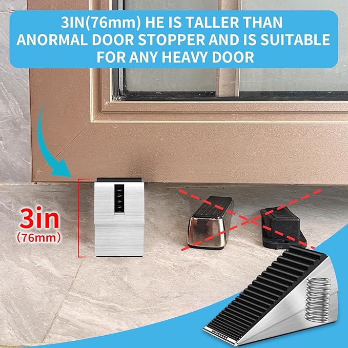 Strongest Door Stoppers for Bottom of Door- Spring Heavy Duty Door Stop Wedge, 3 Inch High Adjustable Metal Rubber Large Doorstop Strong Grip, Suits Carpet, Tile, Home, School, Commercial