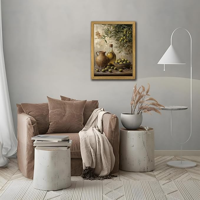 Wood Framed Olive Kitchen Wall Art, Vintage Rustic Still Life Canvas Print, Green Olives Poster Print Picture, Fruit Wall Decor Painting for Dining Room Cafe Restaurant Farmhouse Home Decor 16x24 inch