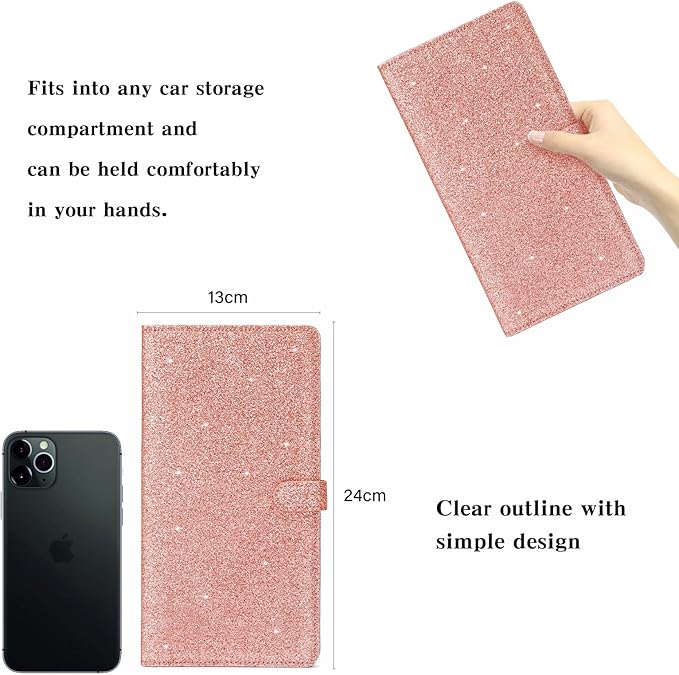 TILDOSAC Car Registration & Insurance Card Holder Leather Auto Glove Box Organizer Document Wallet with Magnetic Shut (Glitter Rose, large)