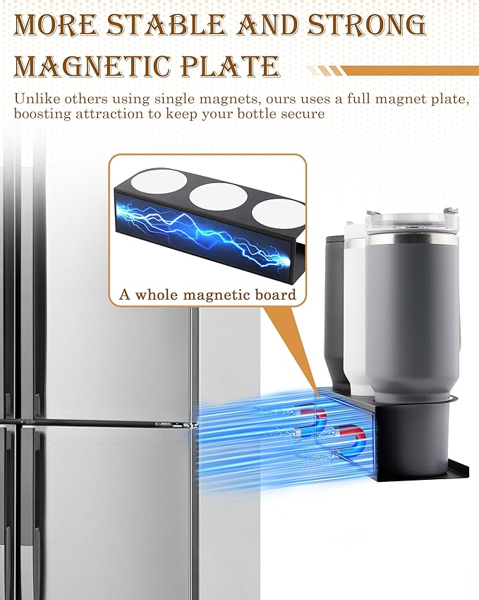 Black 2 Pack Magnetic Cup Holder with Lid Holder (1PC) Fridge for 30 & 40 oz Tumbler - Strong Fridge Mount - Water Bottle Organizer for Metal- No Drill Cup Accessories for Car, Kitchen, Office