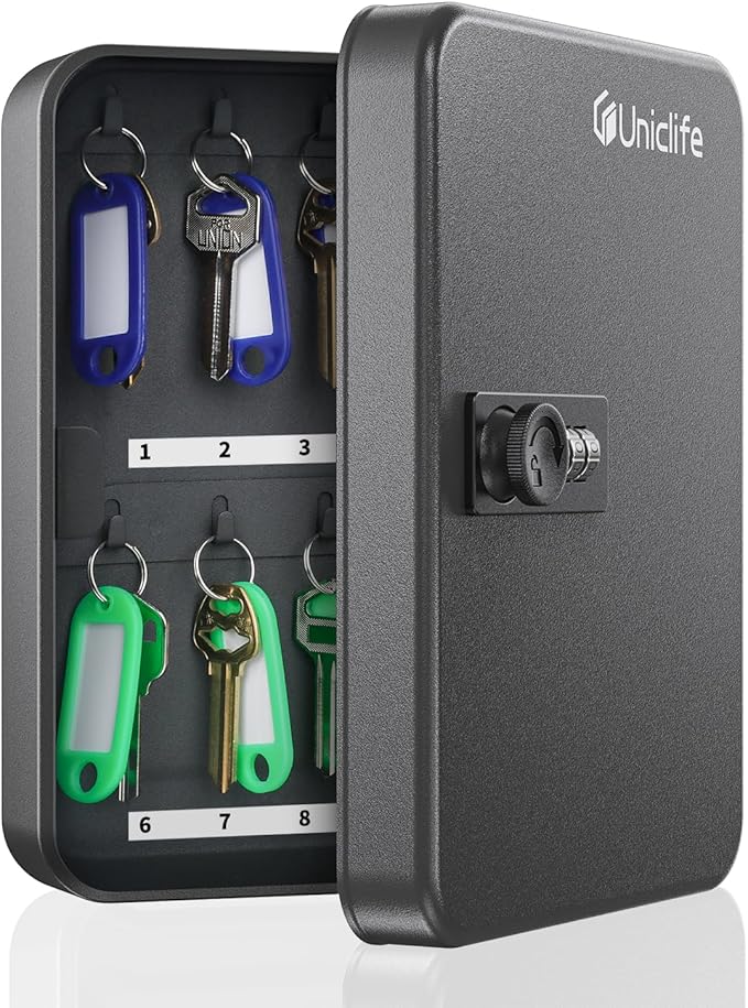 Uniclife 20 Position Key Cabinet with Combination Lock Resettable Black Digital Security Storage Box Steel Key Organizer with Colorful Key Tag Labels Stickers and Hooks