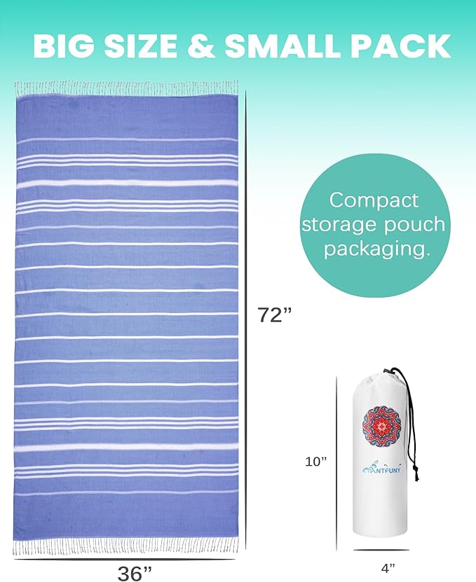 Turkish Beach Towels Vacation Essentials with Bag Quick Dry Sand Free Soft Absorbent Adult Bath Pool Swim Long Wide Stripe Towel Cloud Linen Sandfree Mat Summer Thing Lightweight Thin Travel Blue