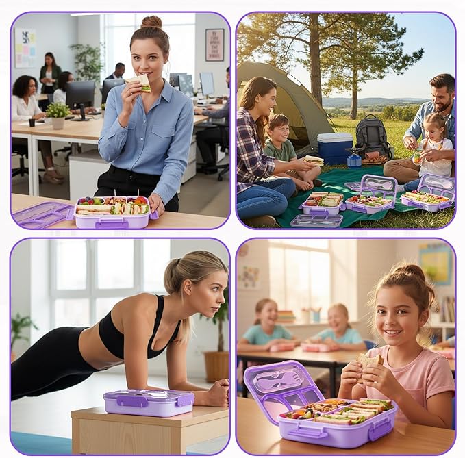 Bento Box for Adults,4 Compartments Lunch Box, Snack Containers Reusable Lunch Containers Drop-Proof, Dishwasher Safe & Made with BPA-Free Materials, Purple