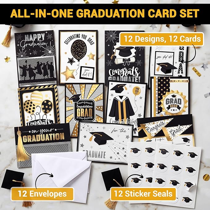 AUDREE Gold Foil Graduation Cards 2026 (5x7) - 12 Pack Grad Design with Envelopes & Stickers Bulk Assortment for College & High School, Congrats Grad Gifts Decorations for Him Her (Printed Messages)