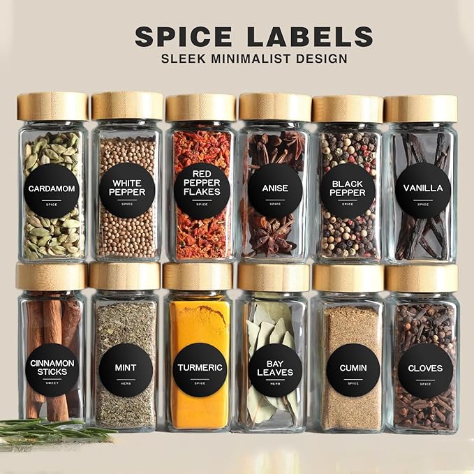 245 Spice Jar Labels - Round Preprinted Minimalist Waterproof Stickers for Kitchen Jars, Herb & Seasoning Labels for Pantry Organization (Black)