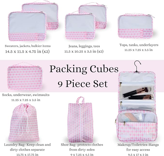 9 Set Packing Cubes - Suitcase Organizer, Cute Packing Cubes, Travel Bags Organizer for Luggage with Hanging Toiletry and Shoe Bag, Travel Essentials for Women, Men and Kids -Pink