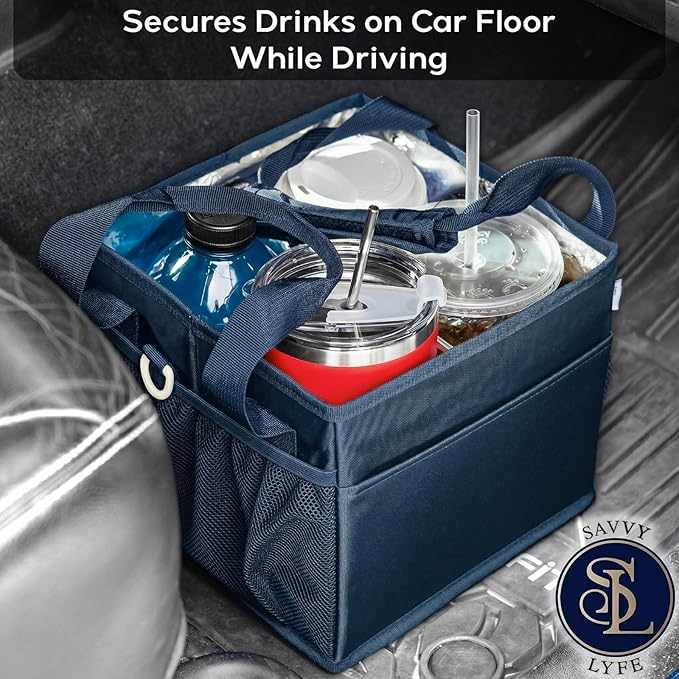 Reusable Drink Carrier with Handle – Tip-Resistant 4 Cup Carrier with Shoulder Strap for Delivery – Insulated, Foldable, Adjustable Dividers – Portable Caddy Tote Bag, Drink Holder for Car