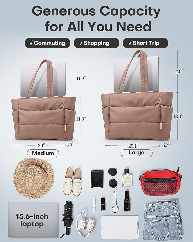 HOTOR Puffer Tote Bag for Women, Nurses - Multi-Pocket Lightweight Bag for Work - Quilted Handbag for Travel and Gym