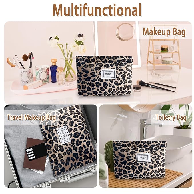 ZLFSRQ Leopard Makeup Bag Cute Cosmetic Bags for Women Cheetah Makeup Bag Canvas Large Capacity Travel Toiletry Bags Aesthetic Cosmetic Pouch for Purse Portable Zipper Skincare Storage Organizer