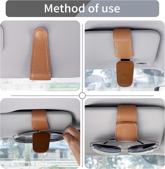 Sunglass Holder Organizer Clip for Car Visor, Durable and Scratch-Resistant Sunglasses Organizer with Magnetic Clip, Brown Car Interior Essentials Accessories for Men Women Aesthetic