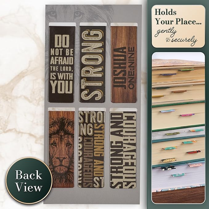 Christian Art Gifts Magnetic Scripture Bookmark/Pagemarker Set for Men: Strong & Courageous Lion - Set of 6, Inspirational Scripture for Bibles, Fridges, Books, Multicolor/Brown/Black/Gray, Small