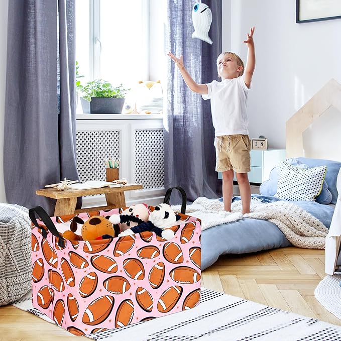 KUNRO Rugby Pink Balls Pattern Storage Basket Gift Shelf Basket Storage Bin, Nursery Basket Organizer Box for With Handles for Room Deco