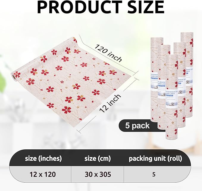 RAY STAR 12X120 Inch Shelf Liner for Kitchen Cabinets, Non-Adhesive Washable Cabinet Liner, Non-Slip PVC Drawer Liner for Dresser Bathroom (Red Floral)(5 Roll)