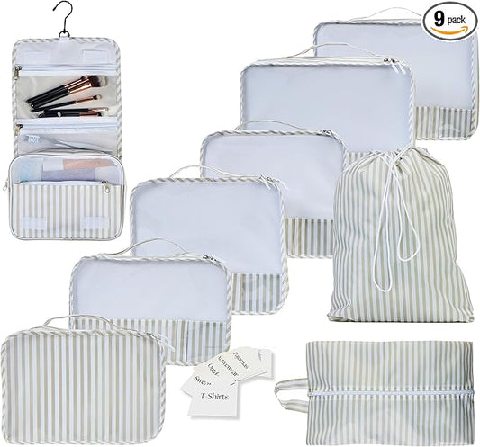 9 Set Packing Cubes - Suitcase Organizer, Cute Packing Cubes, Travel Bags Organizer for Luggage with Hanging Toiletry and Shoe Bag, Travel Essentials for Women, Men and Kids -Stripe