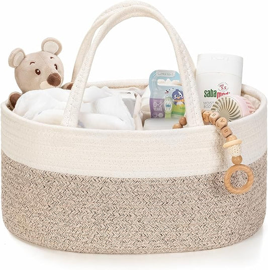Diaper Caddy Organizer, Empty Gift Basket for Newborn Essentials, Baby Storage Basket, Stylish Gift Bag for Baby Shower, Boys and Girls – Small, White and Beige Brown