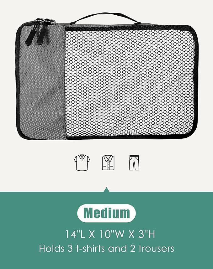 4-Piece Packing Cubes Travel Accessories Set for Suitcases - Luggage Organizer Bags with Double Zipper - Mesh Top - Medium - Dark Grey