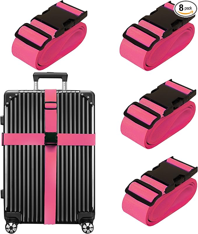 Luggage Straps for Suitcases TSA Approved Travel Belt 8 Pack by Chelmon (Rose Red)