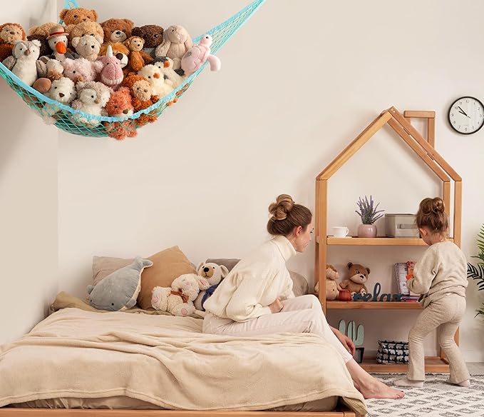 Stuffed Animal Storage Hammock Net Corner - Large Toy Hammock Net for Stuffed Animals Room Decor - Cute Stuff Animal Organizer Holder for Plush Plushie - Kids Baby Nursery Wall Bedroom Home Decor