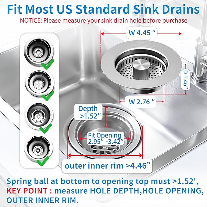 3-in-1 Kitchen Sink Drain Strainer, Pop-up Sink Stopper Kitchen Drain, Anti-Clogging Strainer Basket Odor Prevention Plug Stopper for US Standard 3-1/2” Drain (Silver-2pcs)