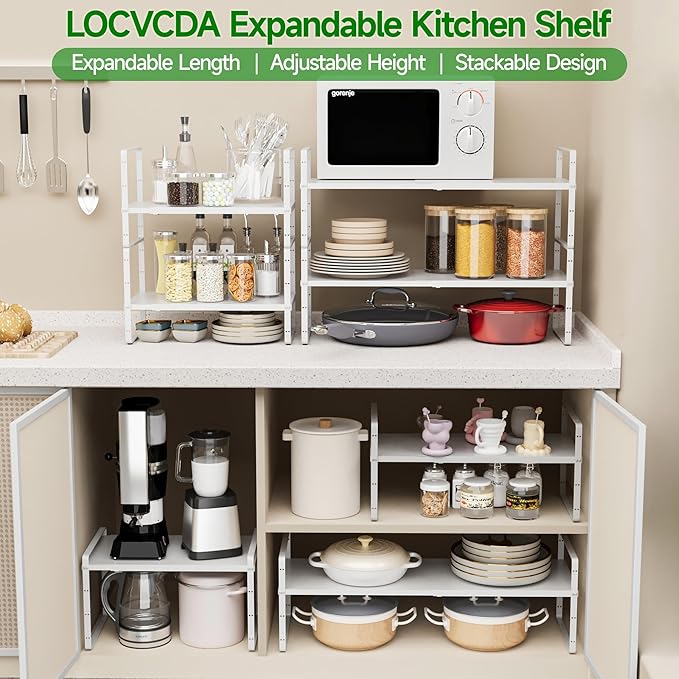LOCVCDA Expandable Cabinet Organizer Shelf, Adjustable Height Organizer Riser for Kitchen Cabinet Spice Rack Locker Pantry Cupboard Under Sink Countertop Desk Organization Metal Stackable Shelves