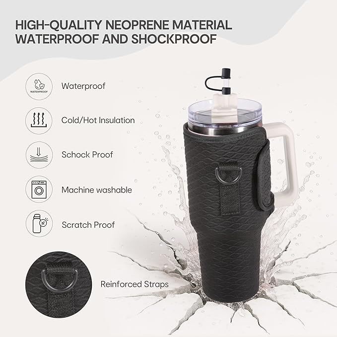 &And Per Se Neoprene Water Bottle Carrier Bag for Stanley 40oz Tumbler, Crossbody Sling with Phone Pocket & Detachable Strap, Adjustable Shoulder Holder Pouch with Charm, for Gym Travel(Black)
