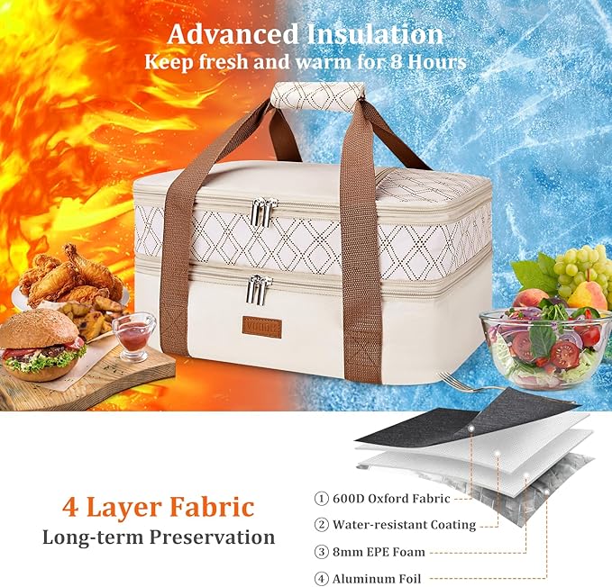 Vuudh Expandable Casserole Carrier Bag - Double Decker Food Bag, Insulated Casserole Carrier for Hot or Cold Food, Lasagna Holder Tote for Picnics, Beaches, Traveling or Gifts