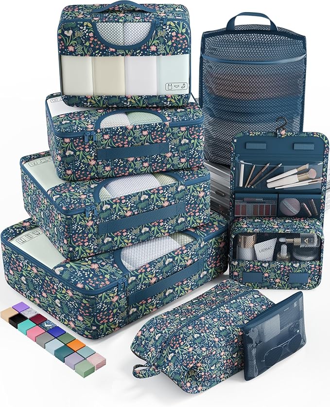 Veken 8 Set Packing Cubes for Travel Essentials, Suitcase Organizer Bags in 4 Sizes, Carry-On Luggage Accessories with Large Laundry & Hanging Toiletry Bag, Must-Have for Airplane, Road Trip & Camping