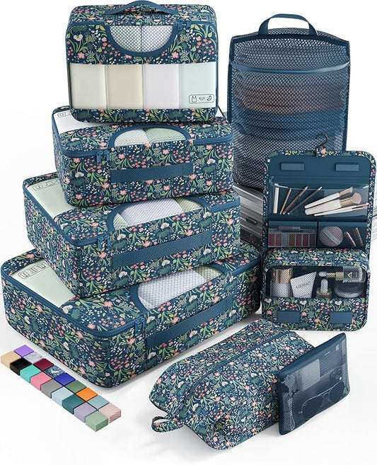 Veken 8 Set Packing Cubes for Travel Essentials, Suitcase Organizer Bags in 4 Sizes, Carry-On Luggage Accessories with Large Laundry & Hanging Toiletry Bag, Must-Have for Airplane, Road Trip & Camping