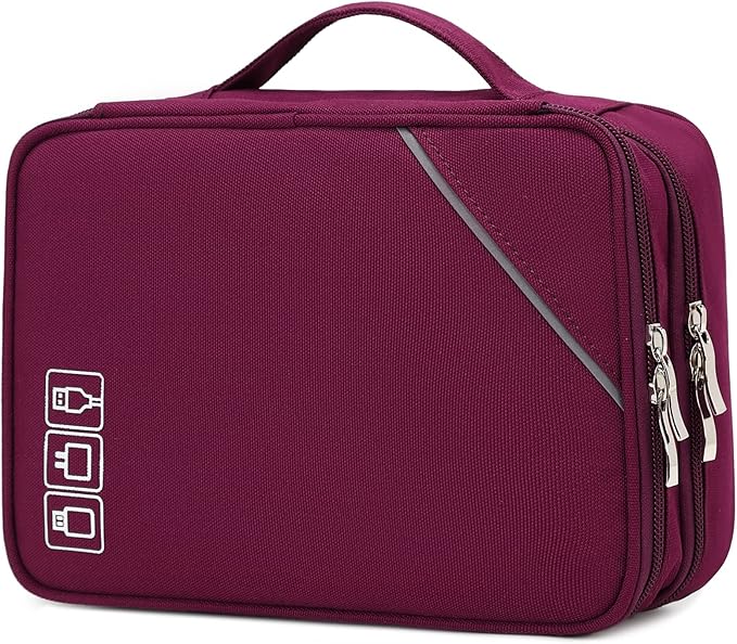 Lanola Electronic Organizer Travel Double Layer Cable Organizer Bag, Accessory Bag for Hard Drives, Cables, USB, SD Card, Memory Cards, Flash Drive, etc. - Red