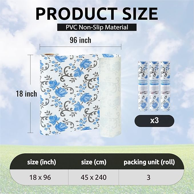 FIFTY FEET 18X96 Inch Shelf Liner for Kitchen Cabinets, PVC Drawer Liner for Dresser Non-Slip Bathroom, Non-Adhesive Cabinet Liner Washable (Blue Floral)(3 Roll)