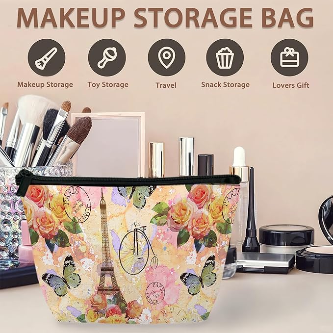 Vintage Paris Tower Makeup Bag Travel Cosmetic Bag for Women,Rose Flowers Small Make up Pouch Travel Bags for Toiletries Aesthetic Accessories Waterproof Gifts