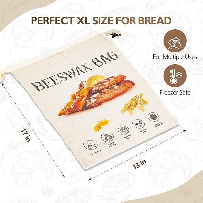 2 Pack Beeswax Bread Bag,17"×13"Reusable Organic Bread Bags for Homemade Bread Sourdough,Linen Outer Lining and Pure Cotton Beewax Inner Lining Moisture-proof &Fresh-Preserving With Buckle&Bowl Covers
